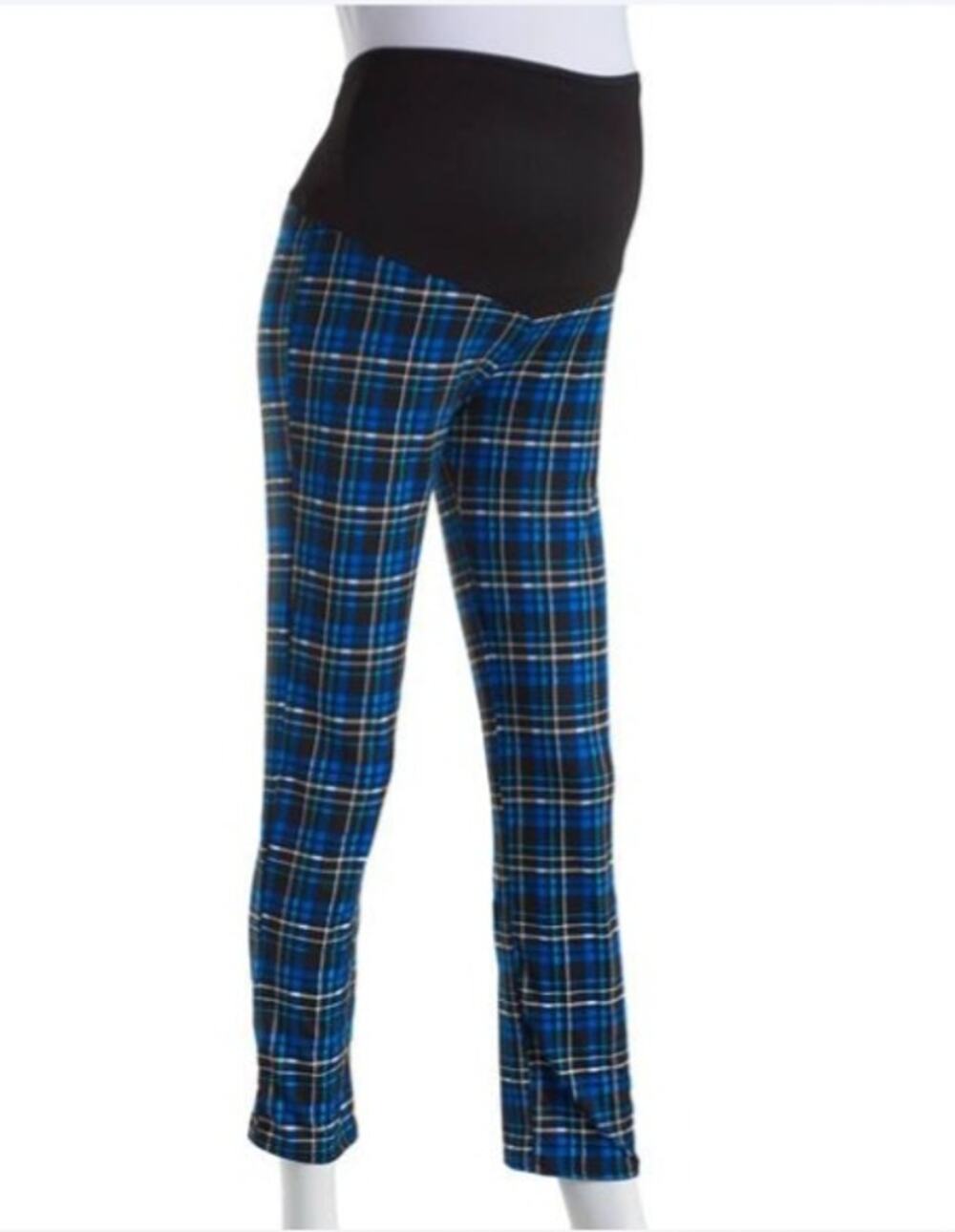 Due Time Maternity Over the Belly Elastic Waist Leggings Blue Teal Black Plaid